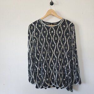 Pure Silk Jewel Queen Black Long Sleeve w/ Silver Embellishment Medium